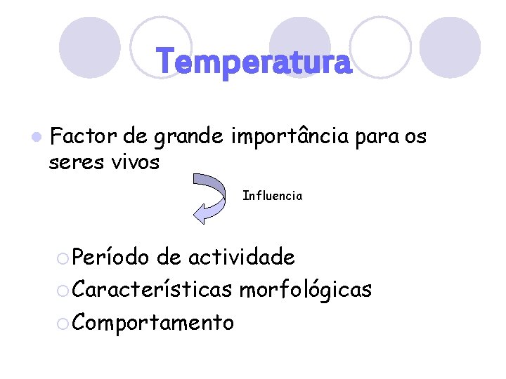 Temperatura l Factor de grande importância para os seres vivos Influencia ¡ Período de