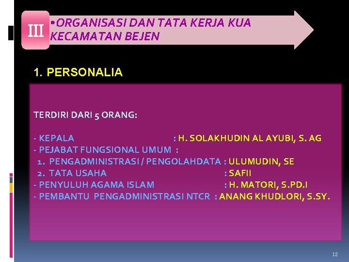 III • ORGANISASI DAN TATA KERJA KUA KECAMATAN BEJEN 1. PERSONALIA TERDIRI DARI 5