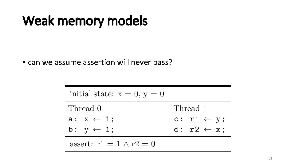 Weak memory models • can we assume assertion will never pass? 21 