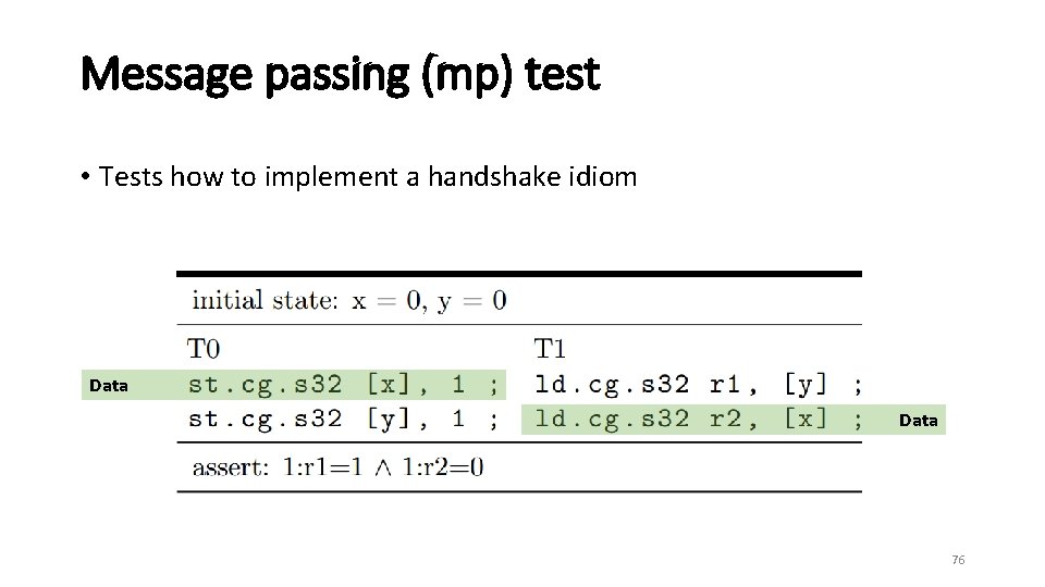 Message passing (mp) test • Tests how to implement a handshake idiom Data 76