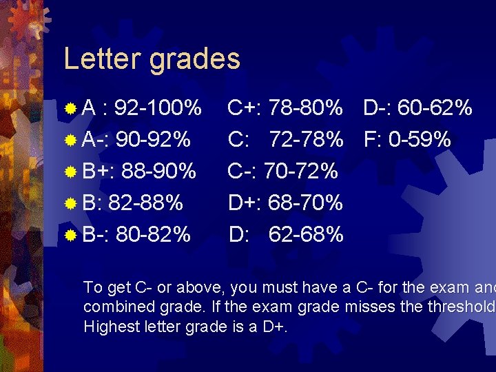 Letter grades ®A : 92 -100% ® A-: 90 -92% ® B+: 88 -90%