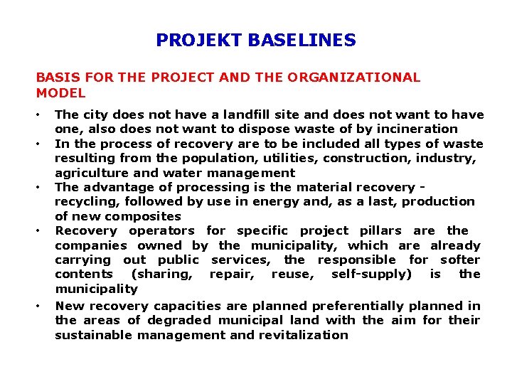 PROJEKT BASELINES BASIS FOR THE PROJECT AND THE ORGANIZATIONAL MODEL • • • The