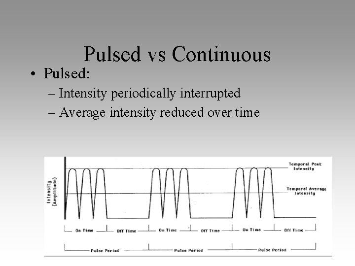Pulsed vs Continuous • Pulsed: – Intensity periodically interrupted – Average intensity reduced over