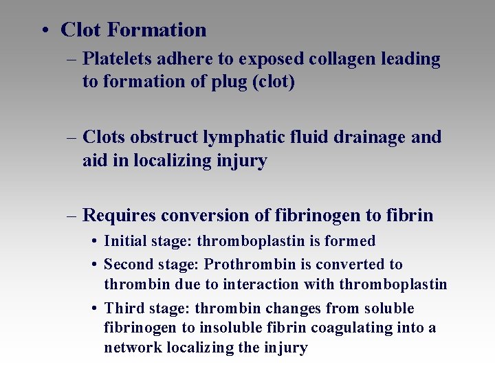  • Clot Formation – Platelets adhere to exposed collagen leading to formation of