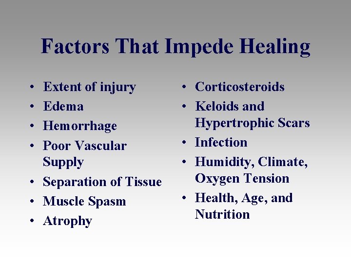 Factors That Impede Healing • • Extent of injury Edema Hemorrhage Poor Vascular Supply