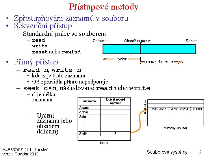 Přístupové metody • Zpřístupňování záznamů v souboru • Sekvenční přístup – Standardní práce se