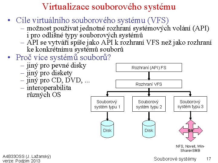 Virtualizace souborového systému • Cíle virtuálního souborového systému (VFS) – možnost používat jednotné rozhraní