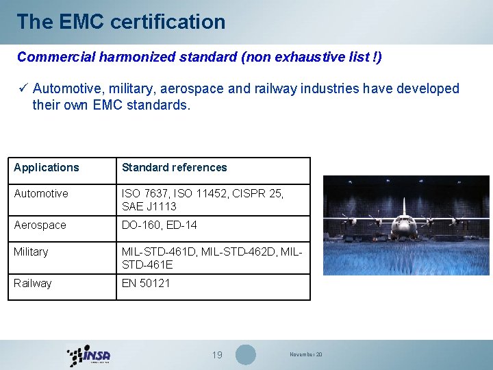The EMC certification Commercial harmonized standard (non exhaustive list !) ü Automotive, military, aerospace