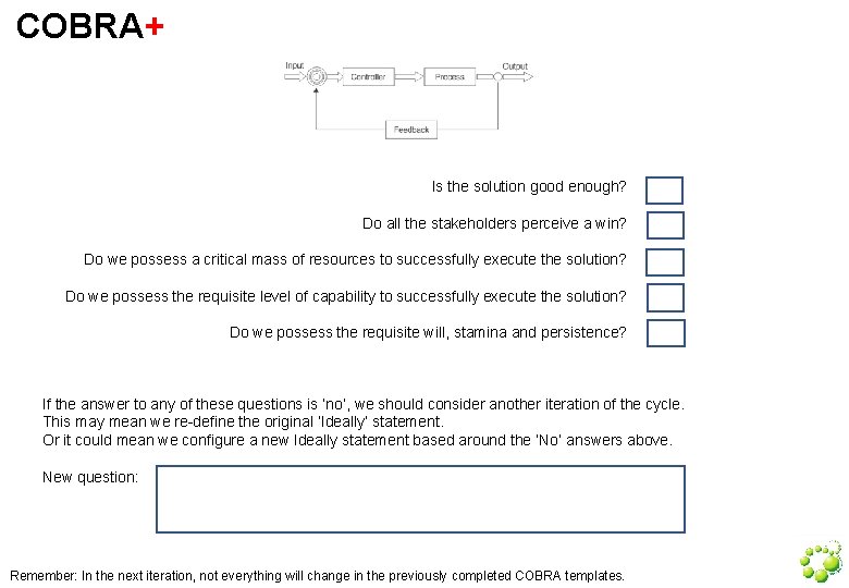 COBRA+ Is the solution good enough? Do all the stakeholders perceive a win? Do