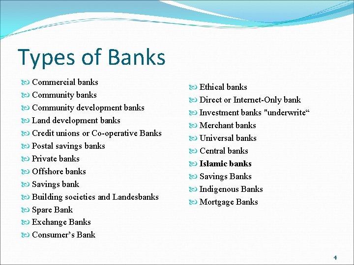 Types of Banks Commercial banks Community development banks Land development banks Credit unions or