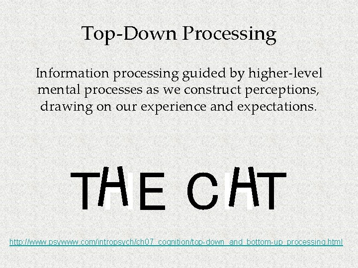 Top-Down Processing Information processing guided by higher-level mental processes as we construct perceptions, drawing