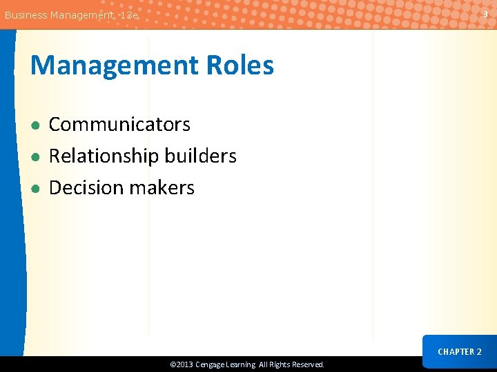 3 Business Management, 13 e Management Roles ● Communicators ● Relationship builders ● Decision