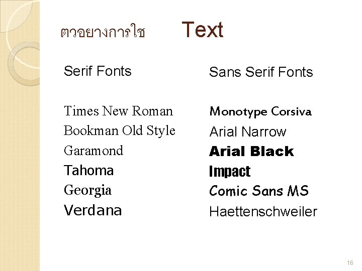 ตวอยางการใช Text Serif Fonts Sans Serif Fonts Times New Roman Bookman Old Style Garamond