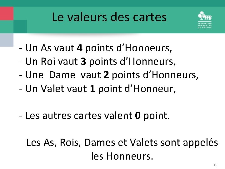 Le valeurs des cartes - Un As vaut 4 points d’Honneurs, - Un Roi