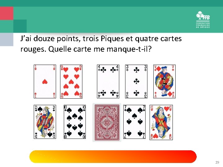 J’ai douze points, trois Piques et quatre cartes rouges. Quelle carte me manque-t-il? ?