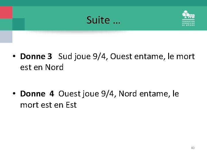 Suite … • Donne 3 Sud joue 9/4, Ouest entame, le mort est en