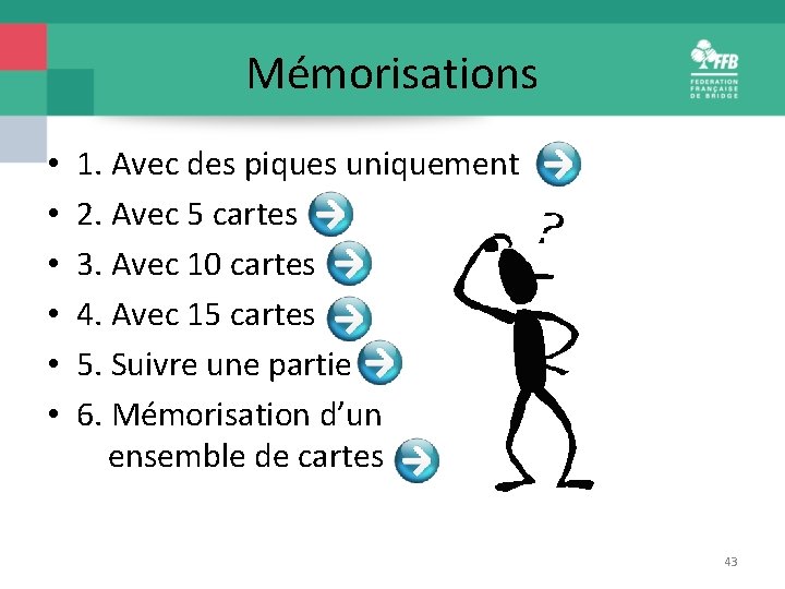 Mémorisations • • • 1. Avec des piques uniquement 2. Avec 5 cartes 3.