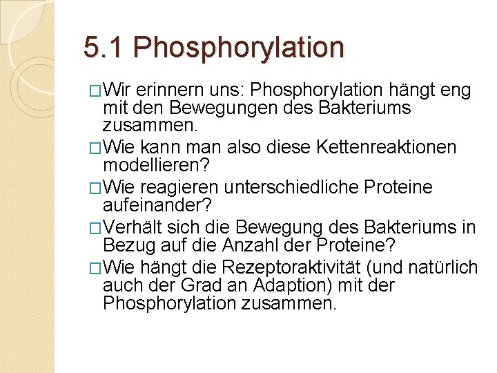 5. 1 Phosphorylation �Wir erinnern uns: Phosphorylation hängt eng mit den Bewegungen des Bakteriums