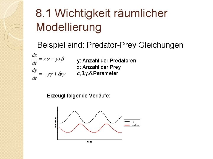 8. 1 Wichtigkeit räumlicher Modellierung Beispiel sind: Predator-Prey Gleichungen y: Anzahl der Predatoren x: