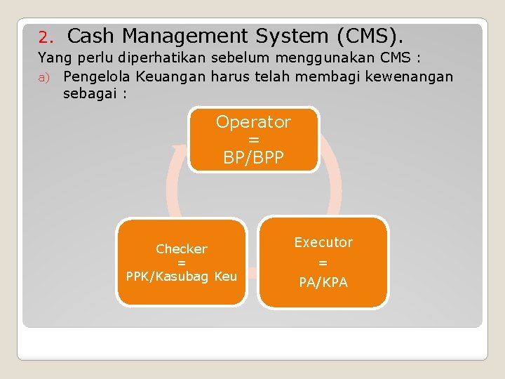 2. Cash Management System (CMS). Yang perlu diperhatikan sebelum menggunakan CMS : a) Pengelola