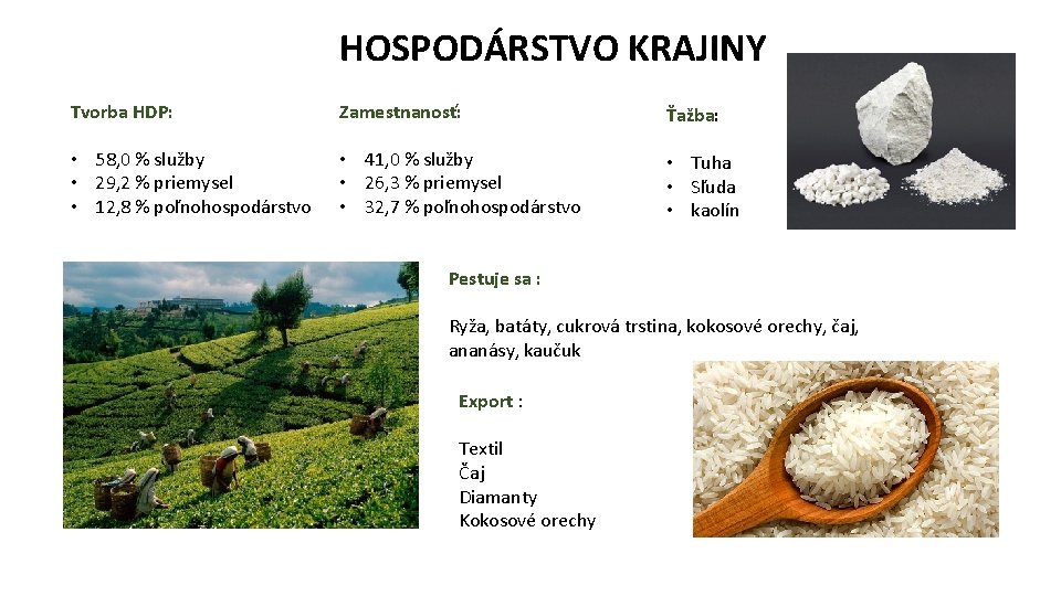 HOSPODÁRSTVO KRAJINY Tvorba HDP: Zamestnanosť: Ťažba: • 58, 0 % služby • 29, 2