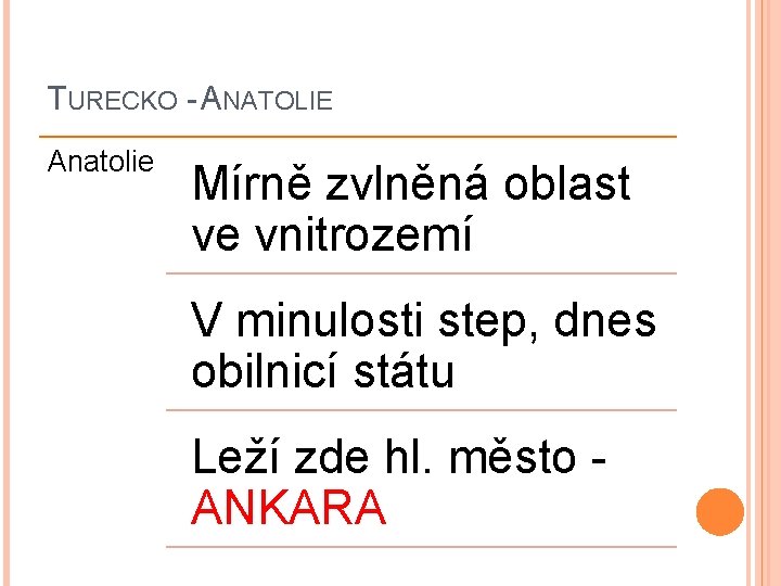 TURECKO - ANATOLIE Anatolie Mírně zvlněná oblast ve vnitrozemí V minulosti step, dnes obilnicí