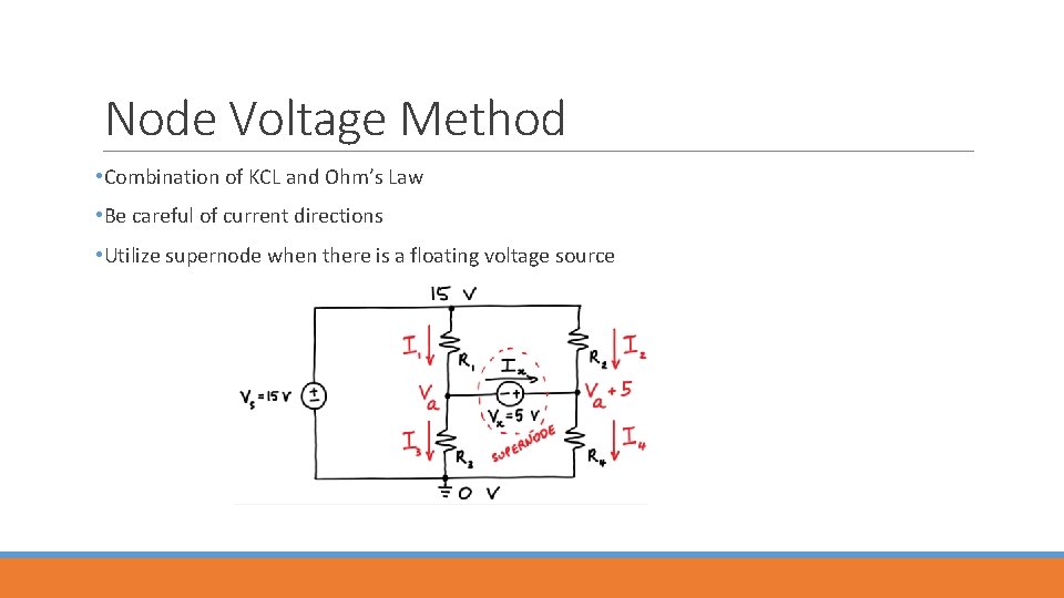 Node Voltage Method • Combination of KCL and Ohm’s Law • Be careful of