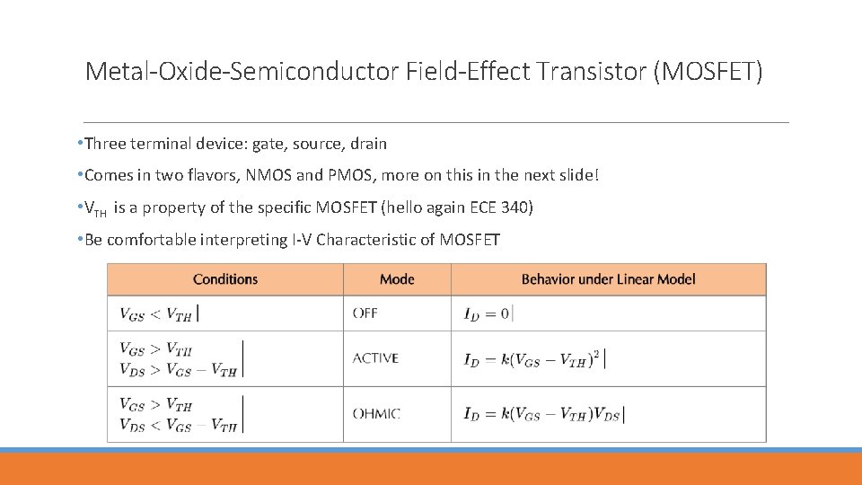 Metal-Oxide-Semiconductor Field-Effect Transistor (MOSFET) • Three terminal device: gate, source, drain • Comes in