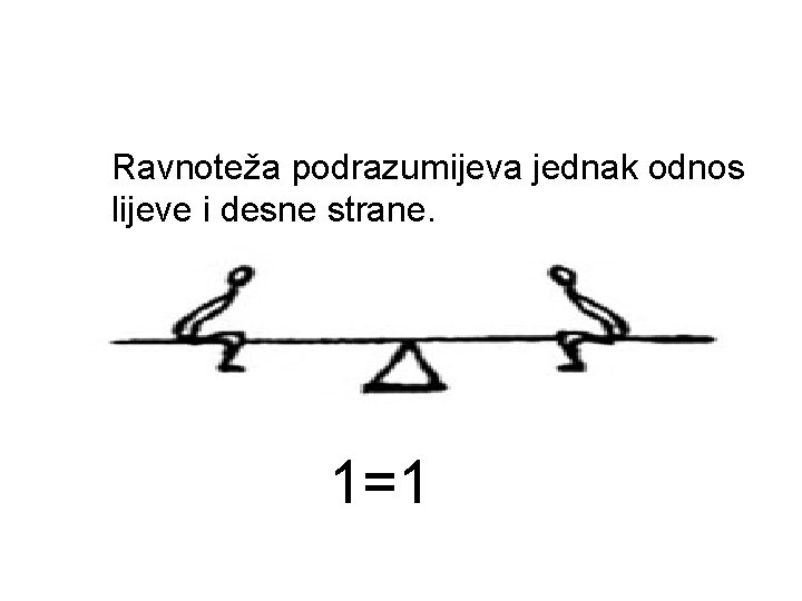 Ravnoteža podrazumijeva jednak odnos lijeve i desne strane. 1=1 