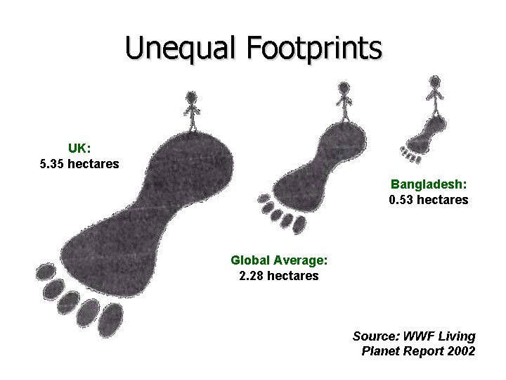 Unequal Footprints UK: 5. 35 hectares Bangladesh: 0. 53 hectares Global Average: 2. 28