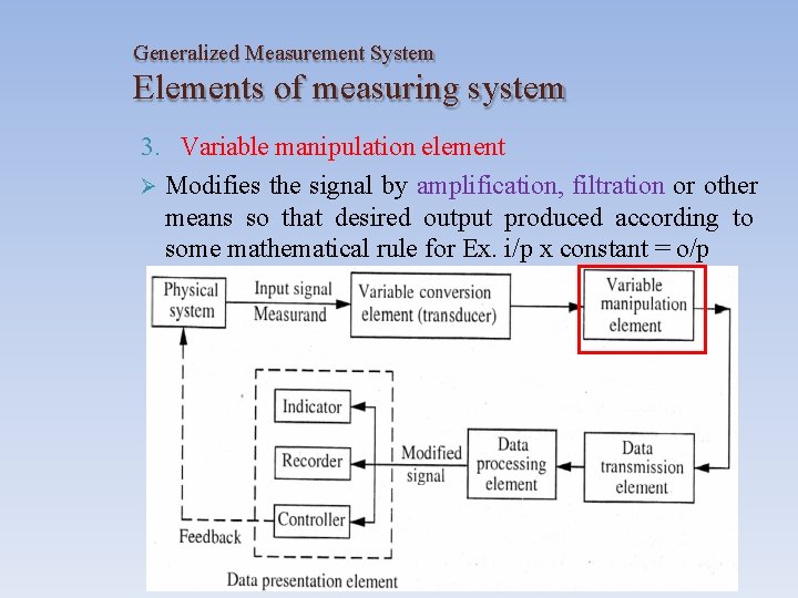 Generalized Measurement System Elements of measuring system 3. Variable manipulation element Modifies the signal