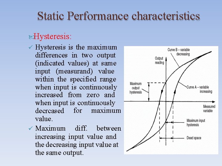 Static Performance characteristics Hysteresis: Hysteresis is the maximum differences in two output (indicated values)