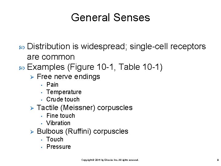 General Senses Distribution is widespread; single-cell receptors are common Examples (Figure 10 -1, Table