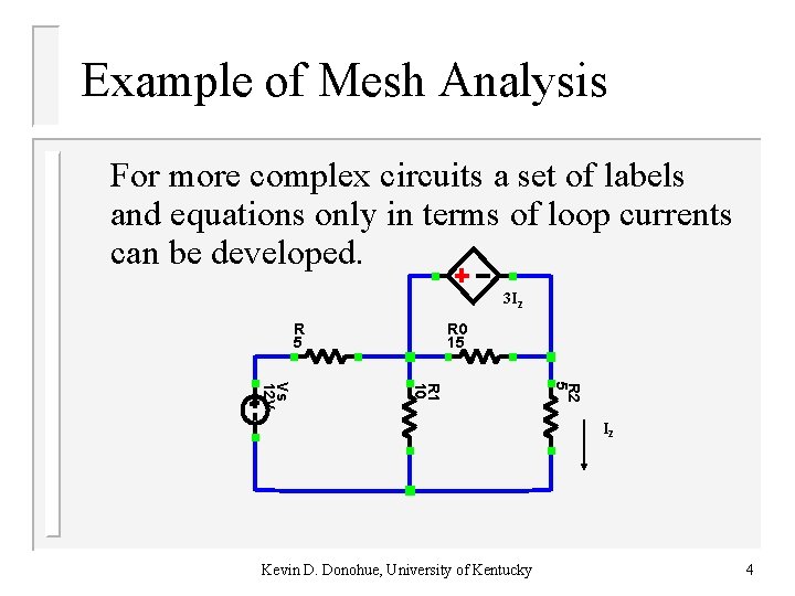 Example of Mesh Analysis For more complex circuits a set of labels and equations