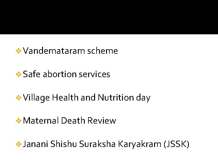 v Vandemataram scheme v Safe abortion services v Village Health and Nutrition day v