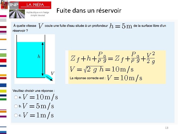 Hydraulique en charge Amphi inversé Fuite dans un réservoir 13 