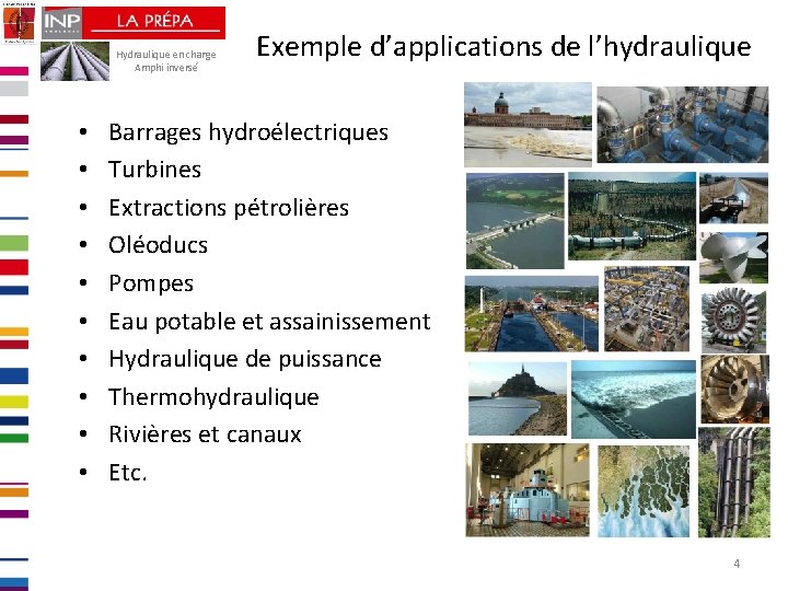 Hydraulique en charge Amphi inversé • • • Exemple d’applications de l’hydraulique Barrages hydroélectriques