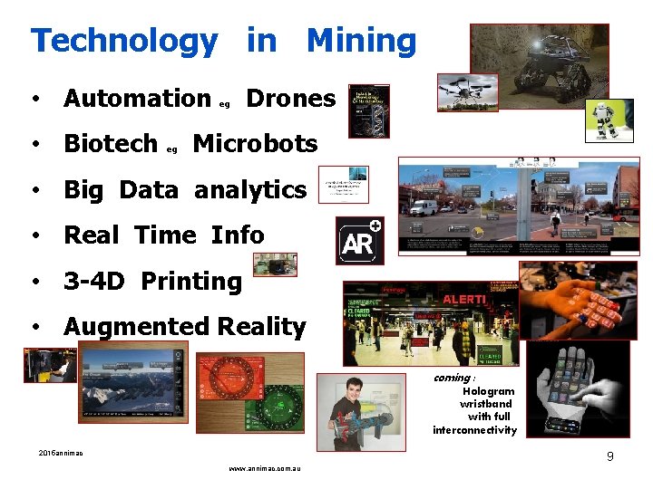 Technology in Mining • Automation • Biotech eg eg Drones Microbots • Big Data