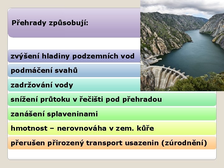 Přehrady způsobují: zvýšení hladiny podzemních vod podmáčení svahů zadržování vody snížení průtoku v řečišti