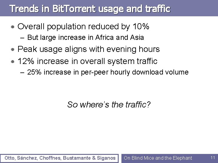Trends in Bit. Torrent usage and traffic Overall population reduced by 10% – But