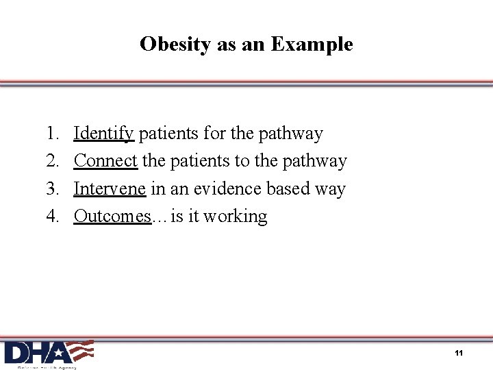 Obesity as an Example 1. 2. 3. 4. Identify patients for the pathway Connect