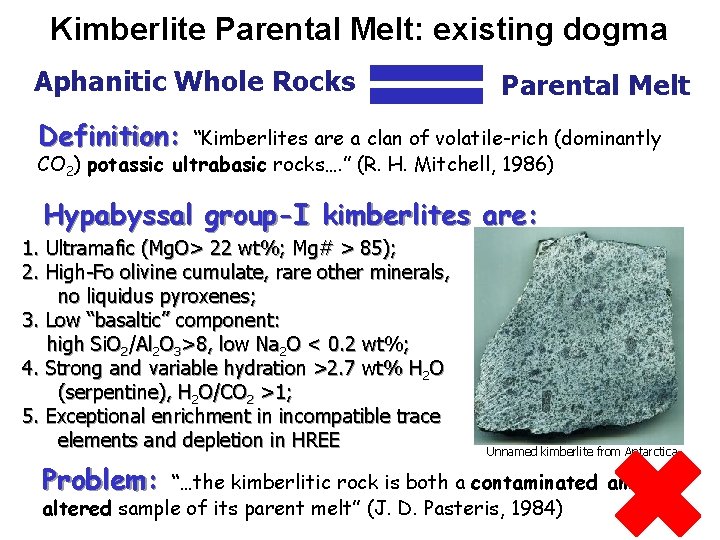 Kimberlite Parental Melt: existing dogma Aphanitic Whole Rocks Parental Melt Definition: “Kimberlites are a