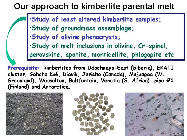 Our approach to kimberlite parental melt • Study of least altered kimberlite samples; •