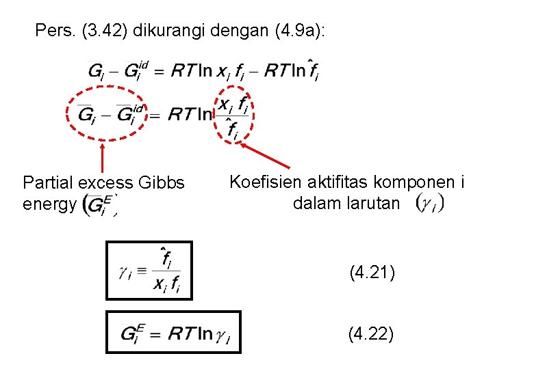 Pers. (3. 42) dikurangi dengan (4. 9 a): Partial excess Gibbs energy Koefisien aktifitas