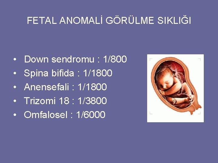FETAL ANOMALİ GÖRÜLME SIKLIĞI • • • Down sendromu : 1/800 Spina bifida :