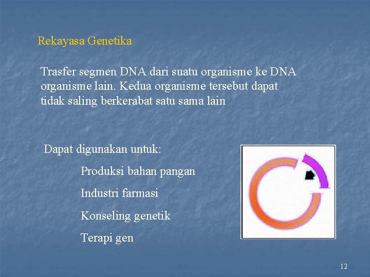 Rekayasa Genetika Trasfer segmen DNA dari suatu organisme ke DNA organisme lain. Kedua organisme
