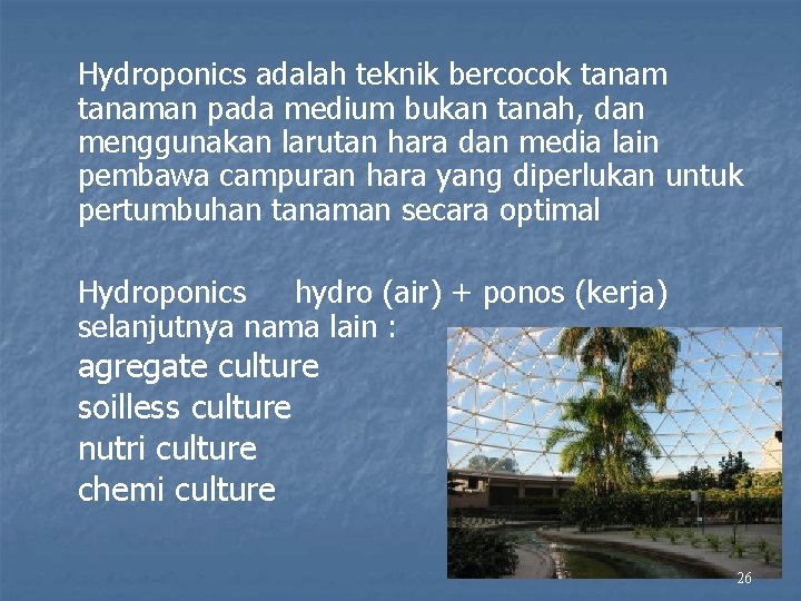 Hydroponics adalah teknik bercocok tanaman pada medium bukan tanah, dan menggunakan larutan hara dan