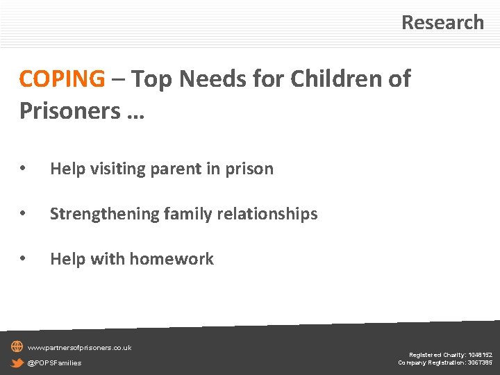Research COPING – Top Needs for Children of Prisoners … • Help visiting parent