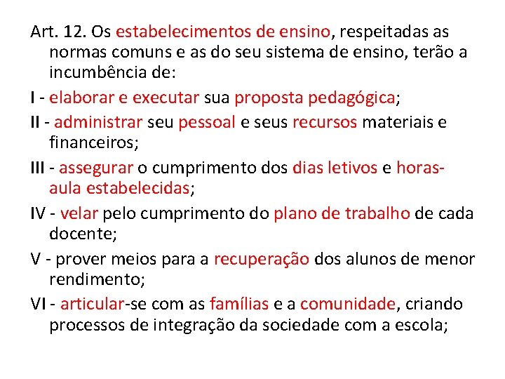 Art. 12. Os estabelecimentos de ensino, respeitadas as normas comuns e as do seu