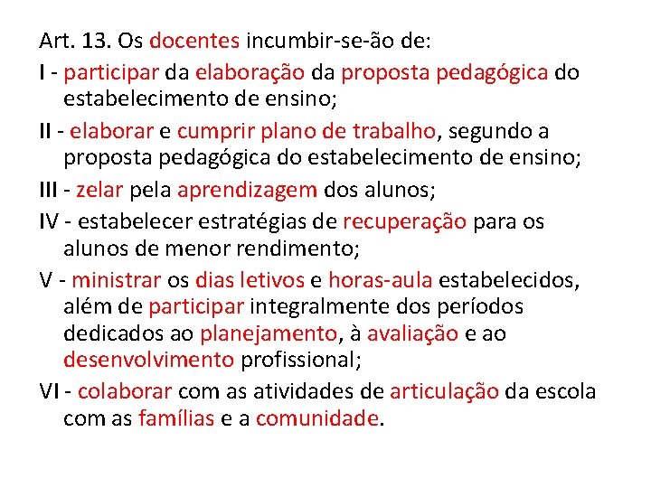 Art. 13. Os docentes incumbir-se-ão de: I - participar da elaboração da proposta pedagógica